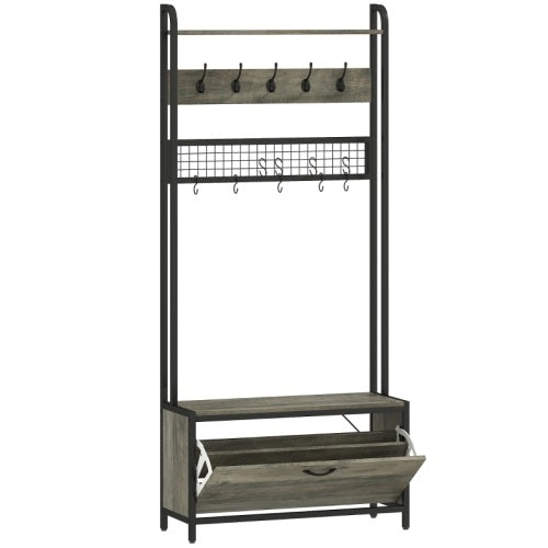 HOMCOM 5-In-1 Industrial-Style Hallway Tree - Grey Black