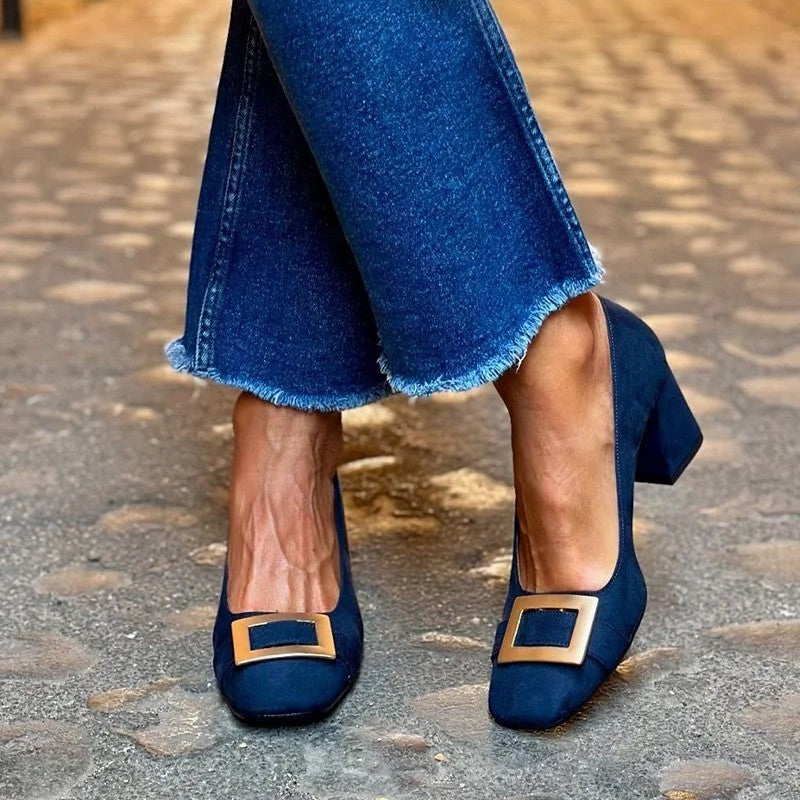 Fashion High Heel Suede Square Buckle Shallow Mouth Pumps Women