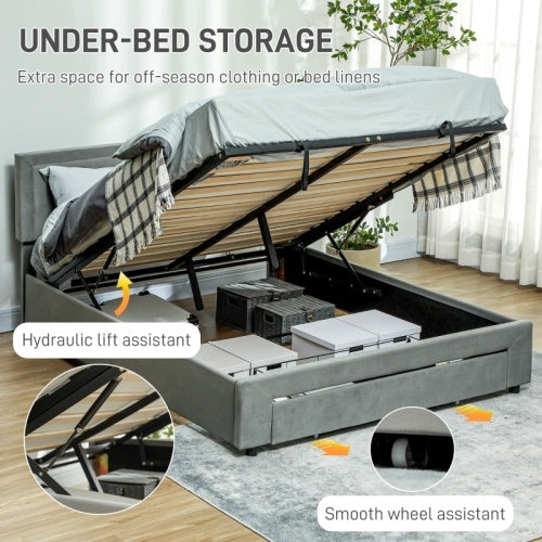 HOMCOM Double Size Ottoman Bed Frame, With Front Drawer - Grey