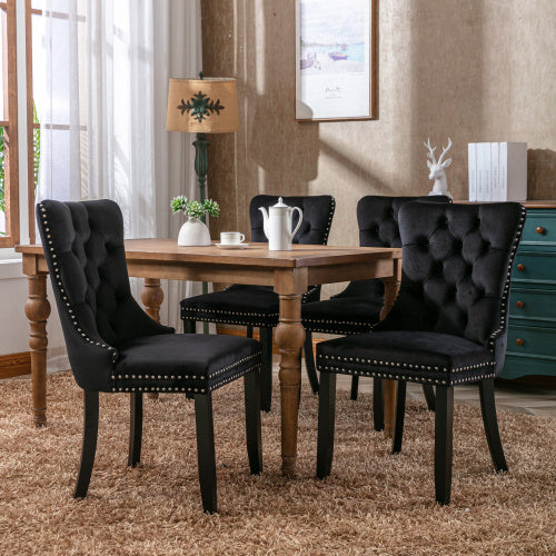 Modern Set Of 4 Upholstered Velvet Dining Chairs, Button Tufted Kitchen Lounge Chairs With Solid Wood Legs, Riveted Trim And Knocker Ring, For Dining Room Living Room,