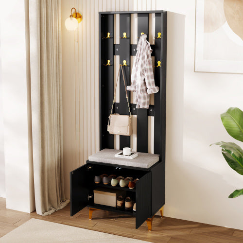 Wardrobe Set With Shoe Bench And Cushion, Wardrobe Front With Hooks, Shoe Cabinet With Drawers And Doors
