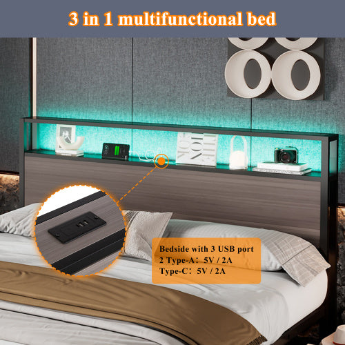 Metal Bed, 3FT Single Bed 90x190cm, With LED Light Strip And 4 Drawerss, 2 USB Port 1 Type C, Durable And Sturdy, Youth Bed, For Adults  Teenagers, Multifunctional Bed, Wrought Iron Bed, Grey