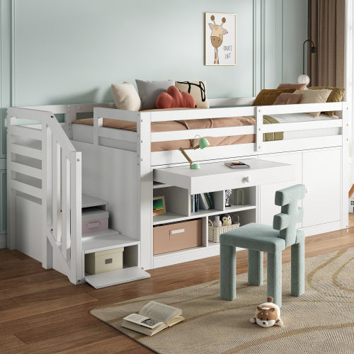 Multifunctional Wooden Children's Bed With Stairs And Storage Space, Stairs  Cabinets Interchangeable On The Left And Right, Drawers Reversible And Usable As A Desk, Without Mattress, 90x190, White