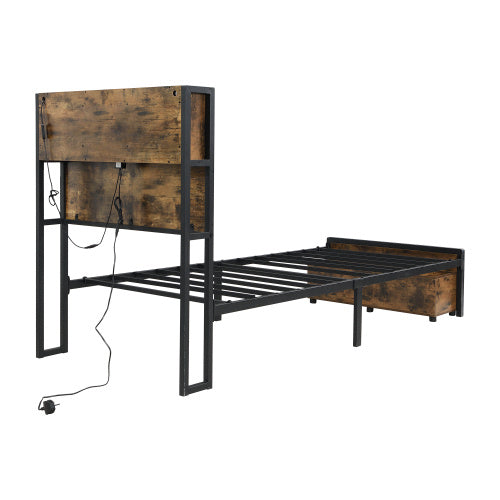 Metal Bed, Iron Bed, 3ft Single Bed 90x190cm, With Multi Color LED Strip Lights And Charging Port 2 A Type And 1 C Type, With Storage Space, Black  Wood Color