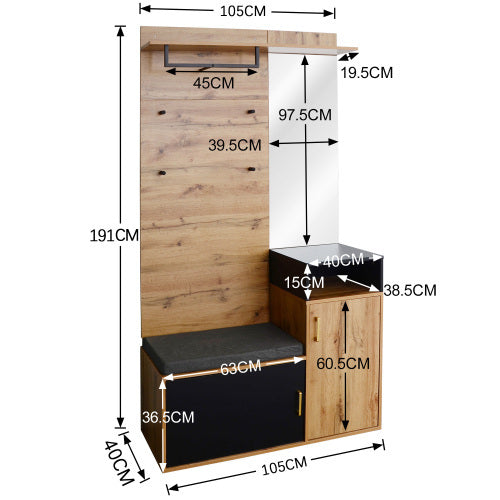 Wardrobe Set, With 4 Coat Hooks, Mirror, Shoe Cabinet, Wall-mounted Coat Rack, Upper Storage Shelf, Hallway Wardrobe With Bench Seat.
