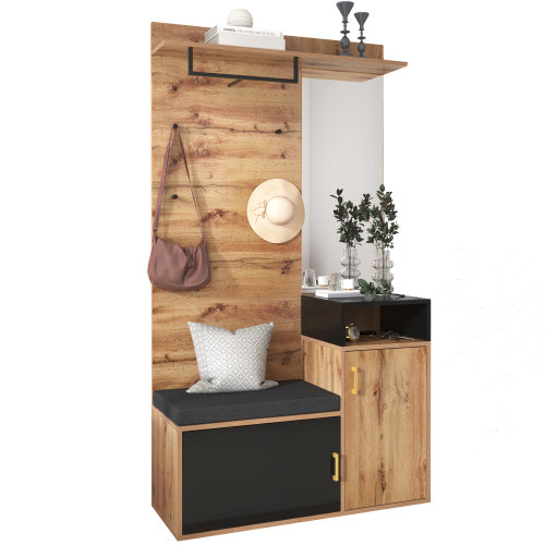 Wardrobe Set, With 4 Coat Hooks, Mirror, Shoe Cabinet, Wall-mounted Coat Rack, Upper Storage Shelf, Hallway Wardrobe With Bench Seat.