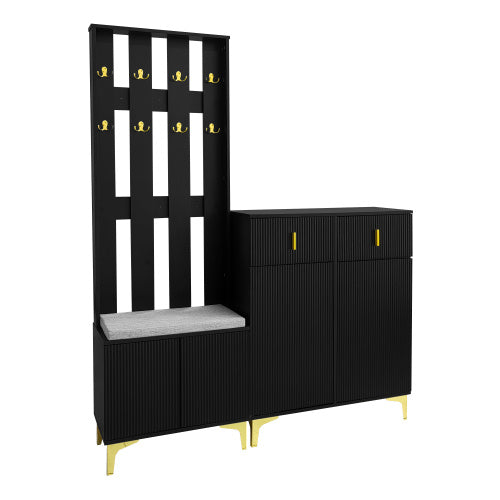 Wardrobe Set With Shoe Bench And Cushion, Wardrobe Front With Hooks, Shoe Cabinet With Drawers And Doors