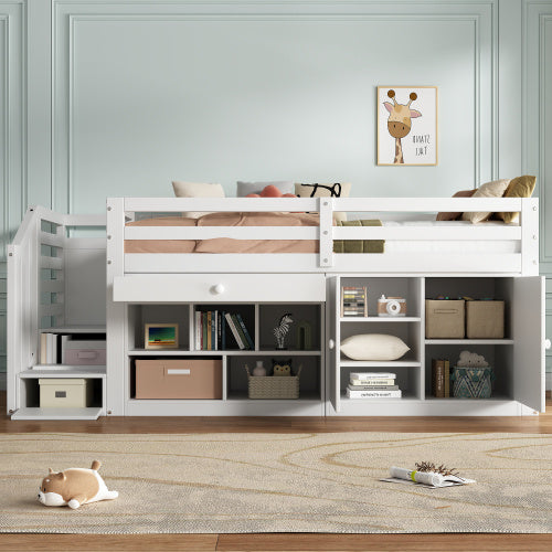 Multifunctional Wooden Children's Bed With Stairs And Storage Space, Stairs  Cabinets Interchangeable On The Left And Right, Drawers Reversible And Usable As A Desk, Without Mattress, 90x190, White