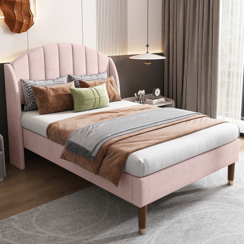 Upholstered Bed,Single Bed-3ft 90x190cm ,with Slatted Frame And Headboard, Youth Bed, Wooden Slatted Support, Easy Assembly, Velvet, Pink