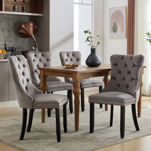Modern Set Of 4 Upholstered Velvet Dining Chairs, Button Tufted Kitchen Lounge Chairs With Solid Wood Legs, Riveted Trim And Knocker Ring, For Dining Room Living Room,