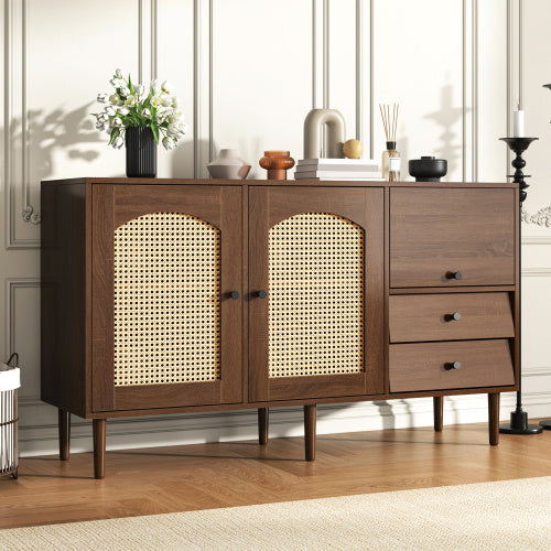 Country-Style Sideboard With Rattan Doors  130 X 75.5 X 40 Cm  Magnetic Closure, Adjustable Shelves, Sturdy Structure  Elegant And Versatile Design