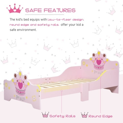 HOMCOM Kids Toddler Bed Princess Crown Theme Safety Side Rails Slats Home Bedroom Furniture Boys Girls 3-6 Yrs  143 X 73 X 60 Cm
