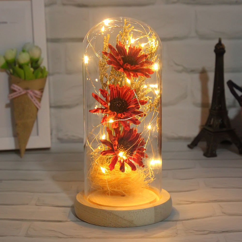 Factory Outlet Cross-Border Explosion Model Dry Flower Glass Cover Decorative LED Light Decoration Office Home Decoration Gift