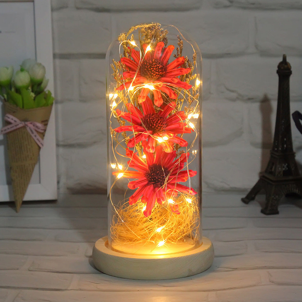 Factory Outlet Cross-Border Explosion Model Dry Flower Glass Cover Decorative LED Light Decoration Office Home Decoration Gift