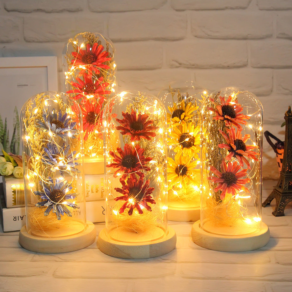 Factory Outlet Cross-Border Explosion Model Dry Flower Glass Cover Decorative LED Light Decoration Office Home Decoration Gift