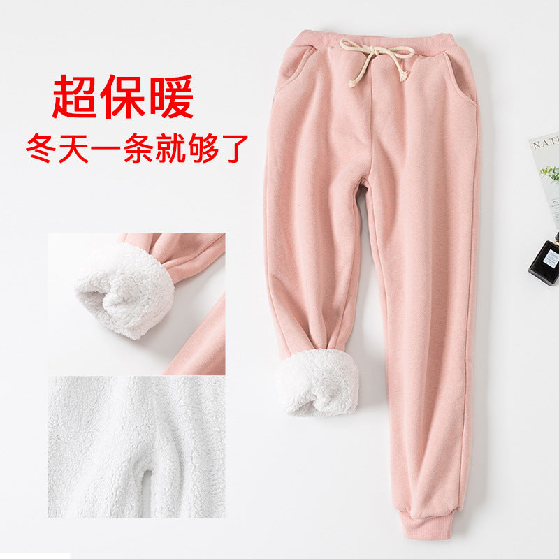 Lamb velvet sweatpants winter women's plus size plus velvet trousers autumn and winter loose and thickened thin student warm pants