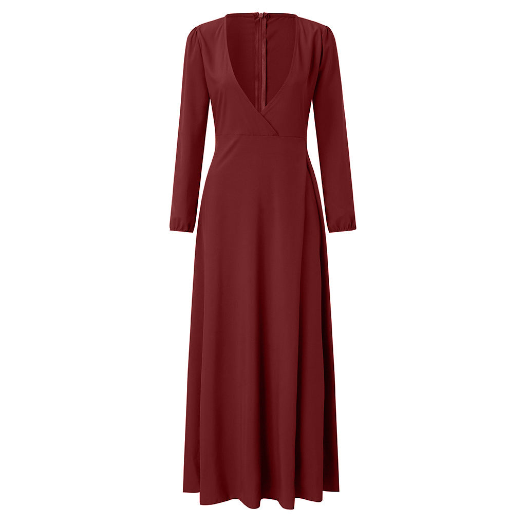 Cross-border European and American dress V-neck long-sleeved big swing tie slim temperament Amazon long skirt women's spot multi-color