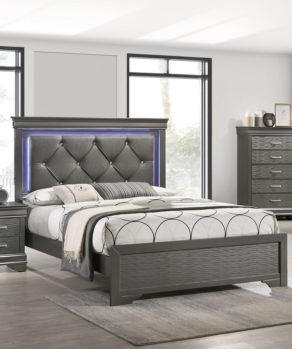 Dark Gray Faux Leather Tufted Headboard 1pc Queen Size Bed W LED Bedroom Furniture Gray Unique Texture FB Solid Wood