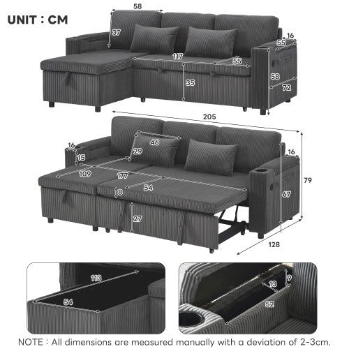 3 In 1 Convertible Corduroy Sofa Bed With Storage Chaise, L Shaped Sleeper Sofa Couches With Armrest Storage And Charging Station. Pullout Sectional Daybed For Living RoomBedroomOffice, Grey