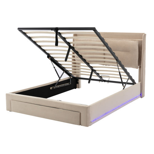 Upholstered Bed, 135x190 4ft6, Double Bed, Hydraulic Bed, 2-in-1 Storage Drawers At The End Of The Bed, Recessed LED Light Strips On Both Sides Of The Bed, Slatted Frame, Velvet,Beige