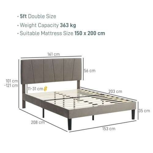 HOMCOM King Size Bed Frame, With Velvet-Feel Headboard - Grey