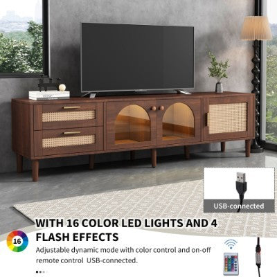 180 Cm Brown TV Cabinet For 80-inch TV - With 2 Rattan Drawers, 2 Curved Glass Doors And 1 Rattan Door, LED Lighting, Offers Stylish Storage, TV Board