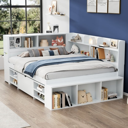 Children's Bed, Double Bed-4ft6  135x190cm  Multifunctional Children's Bed With Drawers, Bookcase And Storage Cupboard, Large Storage Space, Slatted Frame, Without Mattress, White