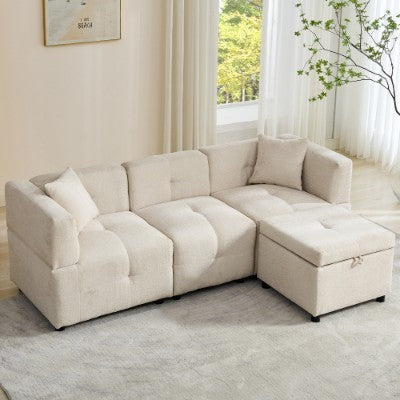 80 Sectional Sofa Couch With Removable Storage Ottoman, Fabric Sofa For Living Room Apartment, L-Shaped Sofa With 2 Pillows For Home Apartment Office Living Room, Beige