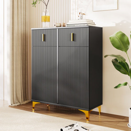 Elegant Sideboard Shoe Cabinet With Structural Panels, Adjustable Shelves And Gold-plated Decorations, With Drawers
