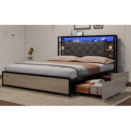 4ft6 Double Bed With 4 Storage Drawers, Bed Frame With Concealed Headboard Storage, Button Tufted Headboard With LED Lighting And Charging Station, Vintage Rustic Wooden, Linen, Grey