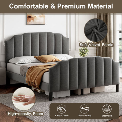 4ft6 Double Upholstered Bed Frame With Adjustable Chic Channel-Tufted Headboard, Velvet Platform Bed Frame With Solid Wood Slat And Mute Foam, No Box Spring Needed, Easy Assembly, Grey No Mattress