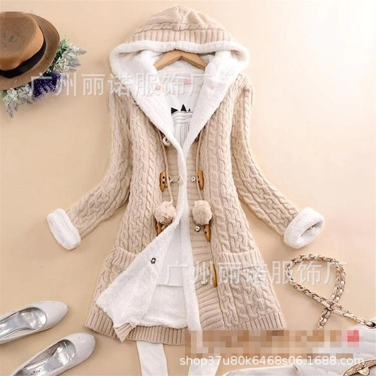 European and American cross-border 2019 autumn and winter cardigan new women's mid-length coat with hood to keep warm and fleece winter sweater long sleeves