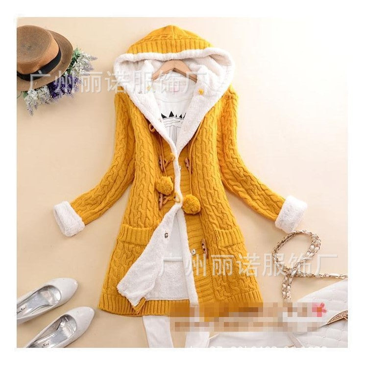 European and American cross-border 2019 autumn and winter cardigan new women's mid-length coat with hood to keep warm and fleece winter sweater long sleeves