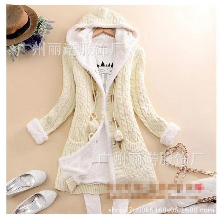 European and American cross-border 2019 autumn and winter cardigan new women's mid-length coat with hood to keep warm and fleece winter sweater long sleeves