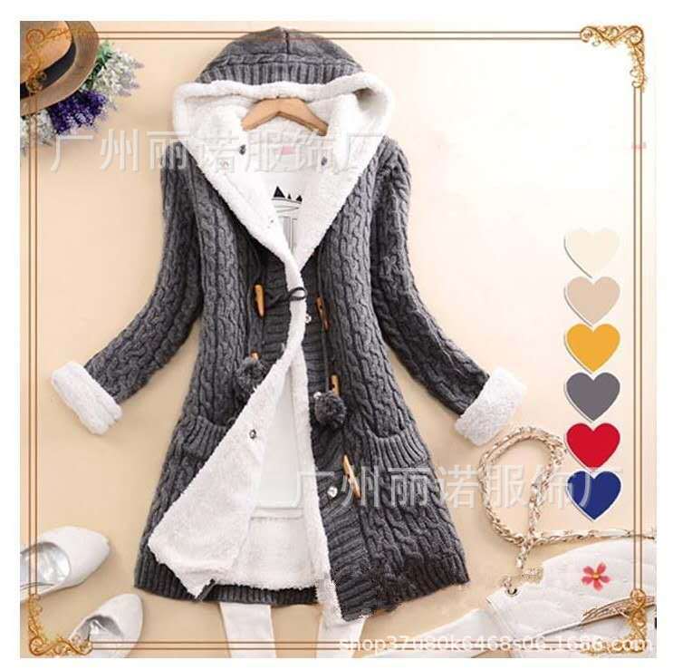 European and American cross-border 2019 autumn and winter cardigan new women's mid-length coat with hood to keep warm and fleece winter sweater long sleeves