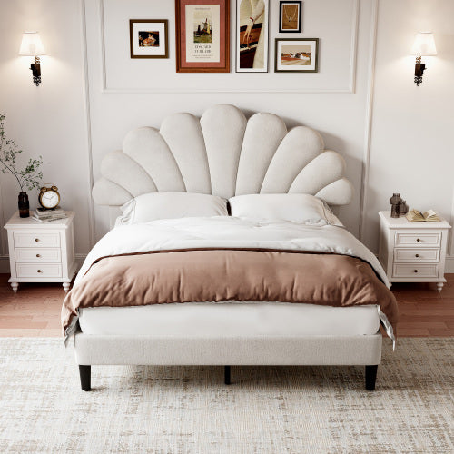 4ft6 Double Upholstered Velvet Bed Frame, With Adjustable Chic Petal Headboard, Velvet Platform Bed Frame With Solid Wood Slat, No Box Spring Needed, Easy Assembly, Beige
