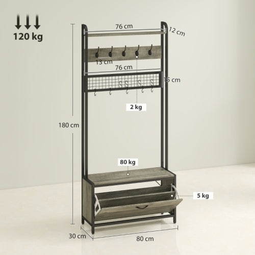 HOMCOM 5-In-1 Industrial-Style Hallway Tree - Grey Black