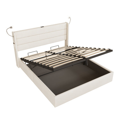King Upholstered Bed With Charging Station, Linen Hydraulic Storage Bed With Adjustable LED Reading Light, 5ft Double Bed Frame With USB And Type  C Ports, No Box Spring Needed, Beige