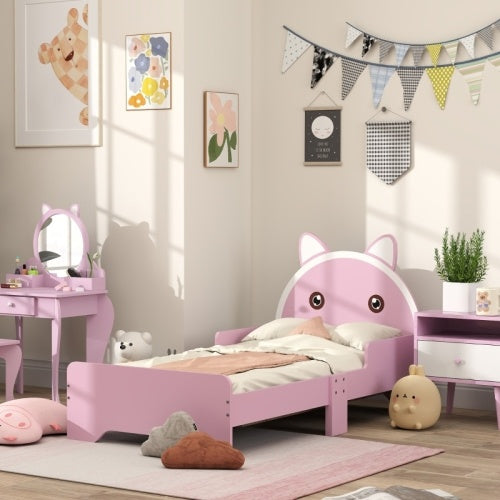 ZONEKIZ Bed For Kids Cat Design Toddler Bed Frame Bedroom Furniture With Guardrails, For 3-6 Years, 143L X 74W X 72Hcm - Pink