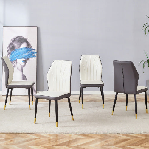 4 Modern Dining Chairs With Stylish PU Patterned Backrest And Black Metal Legs For A Comfortable Home Experience In The Kitchen, Bedroom And Office.