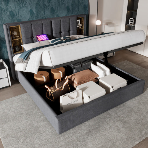 Upholstered Double Bed 135 X 190cm With Wireless Charging  USB Tyep-C, Hydraulic Storage Bed With Hydraulic Lever, Linen Fabric 4FT6 Double Bed Frame With Large Storage Space, Grey No Mattress