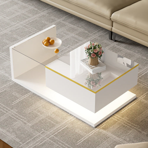 90 Cm Long Coffee Table, High-Gloss White. Side Tables, Coffee Tables With Glass And LED Effect