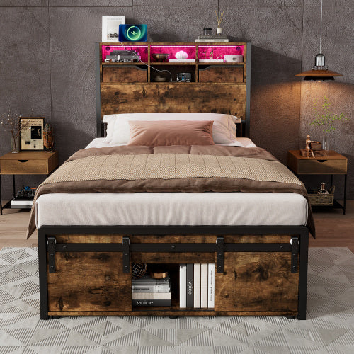 Metal Bed, Iron Bed, 3ft Single Bed 90x190cm, With Multi Color LED Strip Lights And Charging Port 2 A Type And 1 C Type, With Storage Space, Black  Wood Color