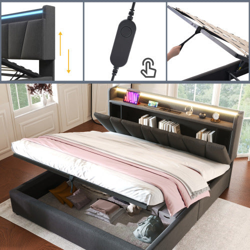 Upholstered Double Bed With USB Charging Function, Storage Headboard And LED Lighting, 5ft King Size Bed Storage Bed Frame 150 X 200 Cm, Wooden Slatted Frame, Grey No Mattress