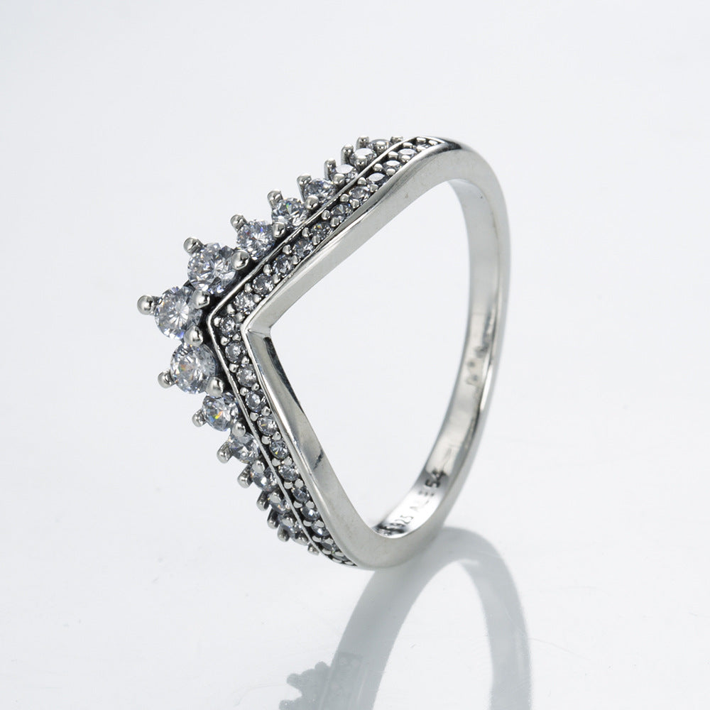 Pan family crown princess wish S925 silver ring V-shaped temperament stacking ring joint ring female ring Tanabata gift