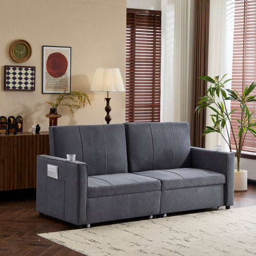 207cm King Size Independent Pull Out Sofa Bed, Convertible Fabric Sofa Chair With Cup Holders, Side Pockets, Fabric Loveseat Couch Chaise Lounge For Living Room, Apartment