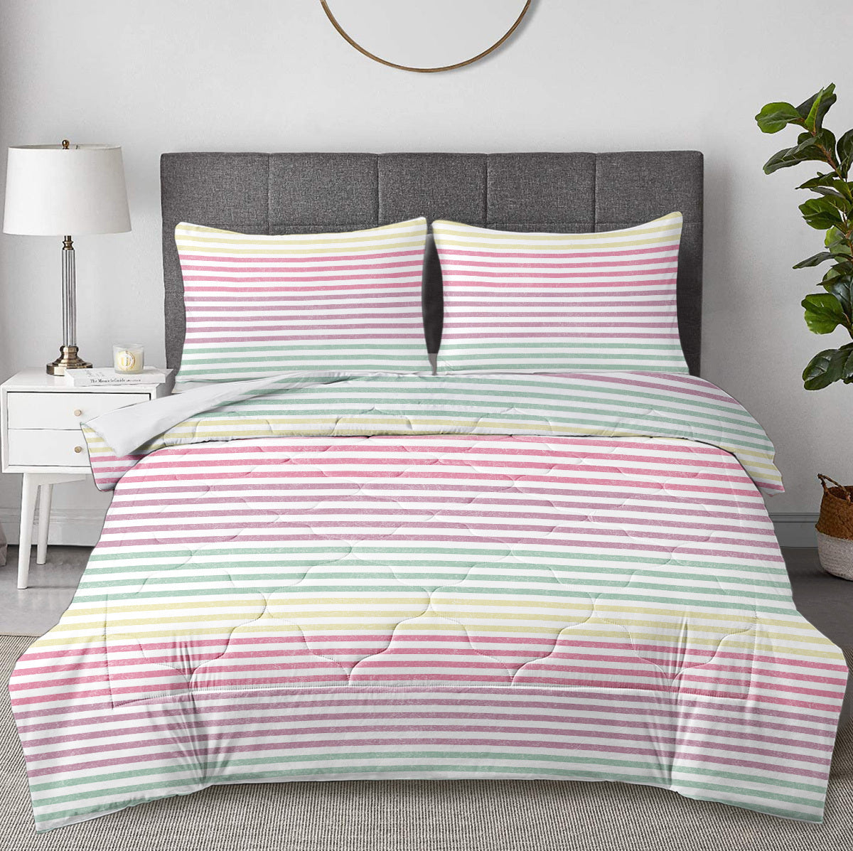 Striped Comforter Set Full Size, Rainbow Comforter Bedding Set Pink Yellow Green Purple 3 Piece, 1 Comforter And 2 Pillow Shams