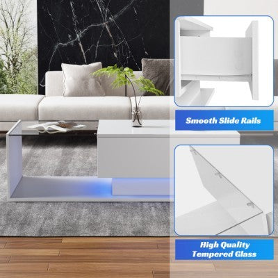 LED Coffee Table, Modern High Gloss Coffee Table, Center Table With Glass, Modern Coffee Table For Living Room With Drawer White