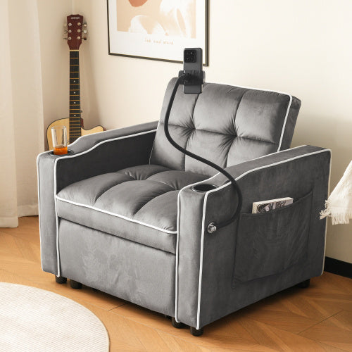 3-in-1 Expandable Single Sofa Bed  With Drink Holders And Phone Holder, Sofa Recliner, Sleeper Chair, Armchair, Perfect For Small Spaces, 83x167x76 Cm