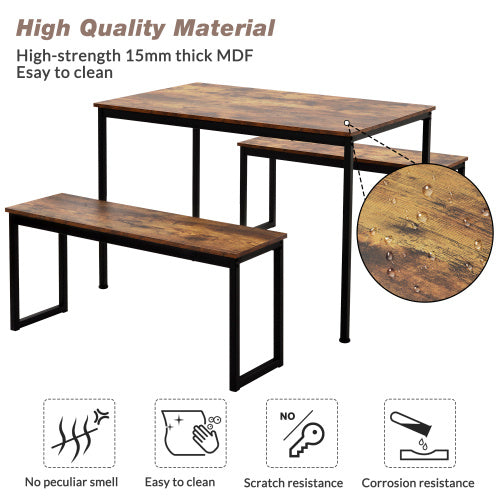 3-Piece Dining Table And Bench Set 4-Person Space-Saving Dinette For Kitchen Patio Outdoor